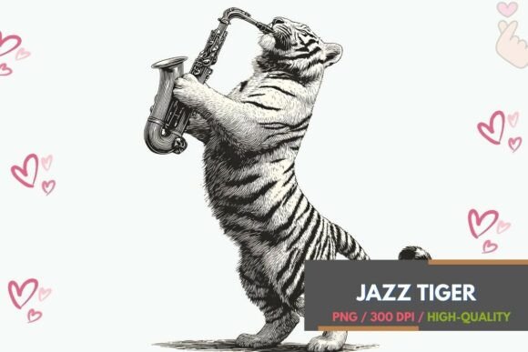 Charming Vintage Animal Art: The Cute Saxophone Tiger PNG