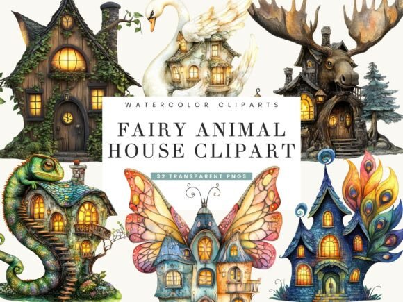 Fairy Animal House Clipart Bundle: Enchanting Watercolor Designs for Creatives