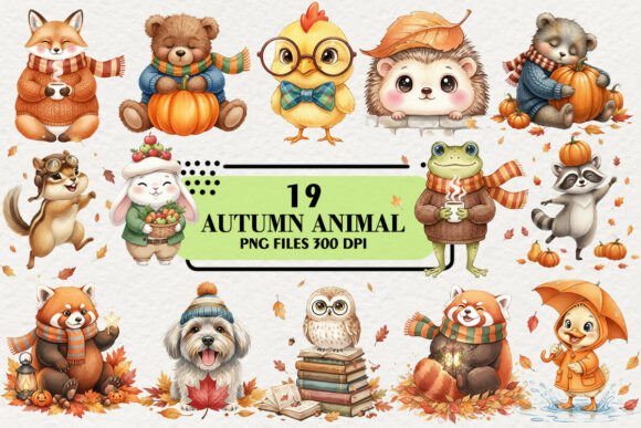 Kawaii Autumn Animal Clipart: Charming Design Assets