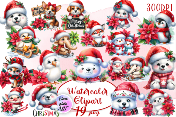 Watercolor Christmas Cute Animal Clipart for Holiday Designs