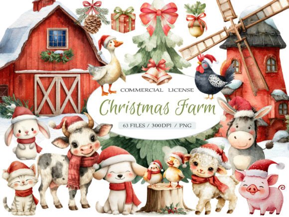 Watercolor Christmas Farm Animal Clipart for Festive Designs
