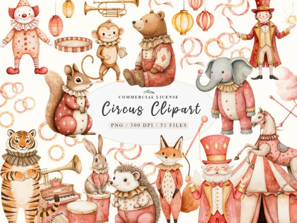 Watercolor Vintage Circus Party Animal: A Whimsical Design Toolkit