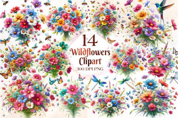 Wildflowers With Winged Animal Clipart: Nature-Inspired Design Assets