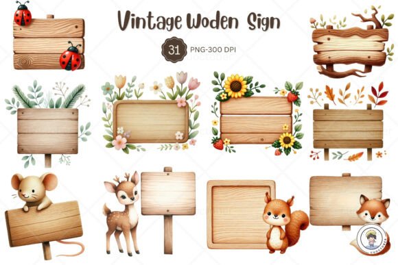 Wood Slice and Sign Animal Watercolor: Rustic Charm for Creative Projects